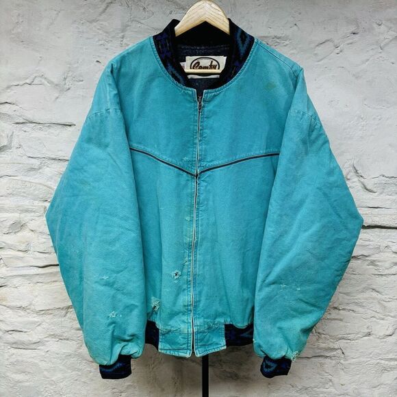 Vtg Canvas Santa Fe Style Blanket Lined Western Jacket Comfy Turquoise Cowboy - Picture 1 of 16